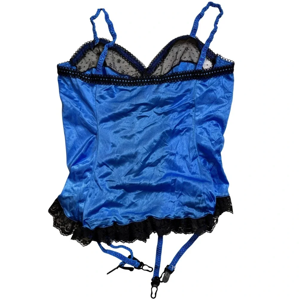 Unbranded Lingerie Camisole Womens M Blue Black Lace Trim Garter Straps USA